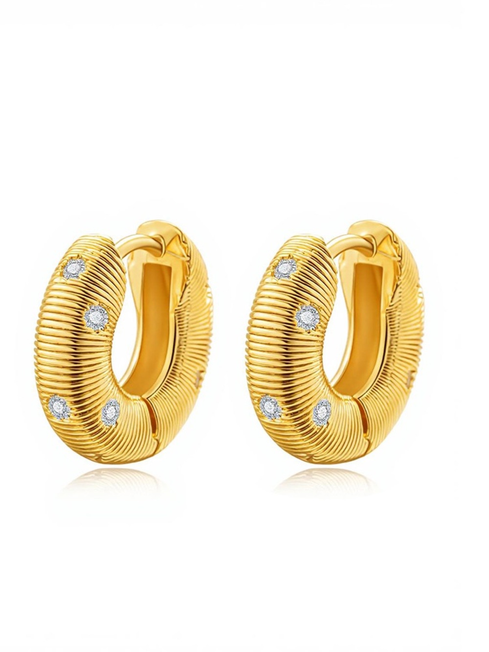 Gold Ripple Hoop Earrings with Diamond Accents